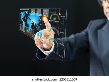 Professional Businessman Touch A Virtual Screen Interface To Select Data And Analysis Business, Finance, Marketing Global Future For Success Corporate, Man Online To Cyberspace With Technology Modern