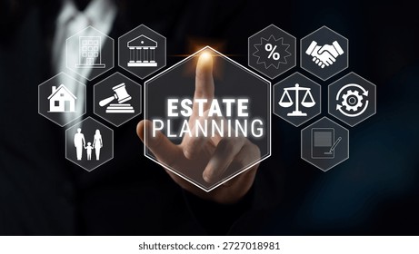 Professional Businessman Using Digital Interface for Estate Planning with Graphical Elements Representing Legal and Financial Concepts Quark.