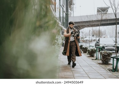 Professional businessman using a digital tablet on a snowy sidewalk, staying connected and working while walking outdoors. - Powered by Shutterstock