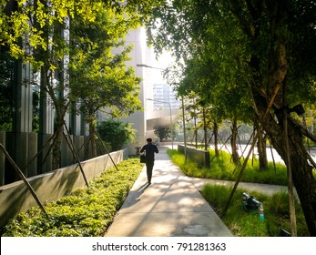 Professional businessman walking near small garden and big modern office in the morning with rays sunlight. working life in the city with green environment. - Powered by Shutterstock