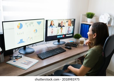 Professional Businesswoman Giving A Work Presentation Online During A Meeting Video Call With Her Team 