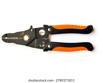 Professional cable stripper and wire cutting tool isolated on white background.