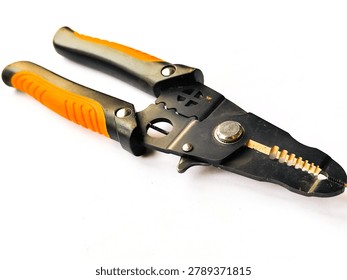Professional cable stripper and wire cutting tool isolated on white background.