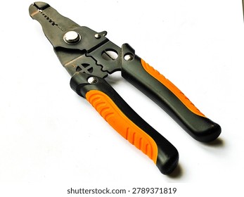 Professional cable stripper and wire cutting tool isolated on white background.