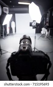 Professional Camera Set For A Studio Photo Shoot. Focus On The Camera Lens.