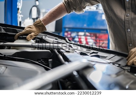 Professional Car Mechanic Checking Engine Coolant Liquid Level. Vehicle Regular Maintenance Theme.
