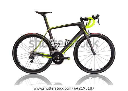 Professional carbon race road bike isolated on white background. Fluor color details.