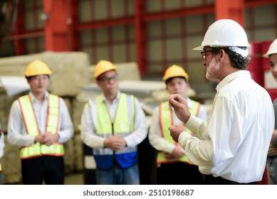 Professional Caucasian manager engineer wearing safety hardhat is training industry worker, workshop factory operator, mechanical engineering team production in heavy industrial manufacture factory.