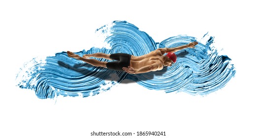 Professional Caucasian Swimmer Moving In Paint Brushstroke, Watercolor. Grace Of Motion And Action. Artwork. Horizontal Flyer With Blue Ocean Splashes Like Water Waves On White Background With