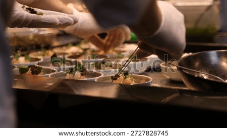 Professional chef in gloves using precision tweezers to garnish gourmet appetizers in a commercial kitchen. High-end food styling, culinary production, and technical plating for fine dining.