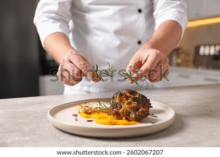 Professional chef serving dish at table indoors, closeup