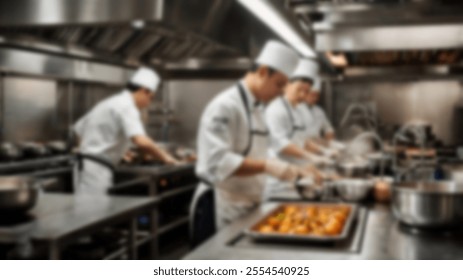 Professional chefs in a busy commercial kitchen preparing gourmet dishes, showcasing culinary expertise and teamwork. - Powered by Shutterstock