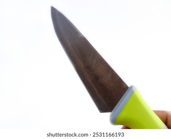 Professional chef's knife with long, sharp blade and green plastic handle, isolated on white background