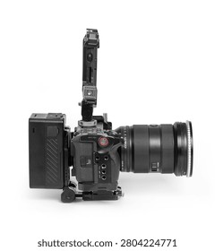 Professional cinema camera rig side view isolated on white