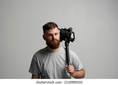 Professional Cinematographer Holding Camera Which Set Stock Photo ...