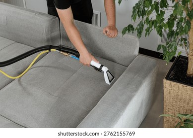 Professional cleaning of fabric sofa using extraction vacuum tool. Ideal for upholstery cleaning service promotion and residential furniture maintenance marketing.