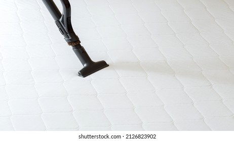 Professional Cleaning Mattress By Vacuum Cleaner From Dust Bacteria Dirty. Vacuum Cleaner Machine Do Disinfection Surfaces, Cleanliness In Hotel Apartment. Long Web Banner With Copy Space