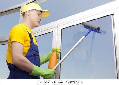 Professional Cleaning Young Man Washes Window Stock Photo 629032781 ...