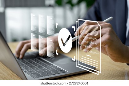 A professional completes approval using a digital checklist, validating documents to express quality control, accurate verification, and efficient workflow management in modern paperless systems.
