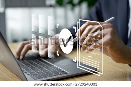 A professional completes approval using a digital checklist, validating documents to express quality control, accurate verification, and efficient workflow management in modern paperless systems.