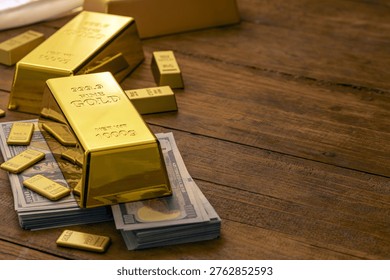 Professional composition featuring multiple gold bars of varying sizes and stacks of US dollar bills arranged on a dark wooden surface. The image conveys concepts of financial wealth, investment success, precious metal assets, and monetary prosperity. Gol