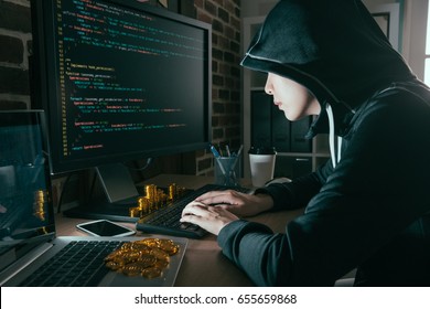 professional computer programmer making bad data virus spreading into global and hacking for getting golden bitcoin ransom from all victim. - Powered by Shutterstock