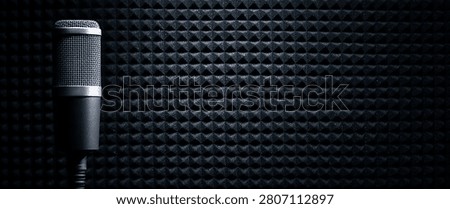 A professional condenser microphone stands in front of a wall covered with dark acoustic foam panels, creating a moody and focused atmosphere for recording.