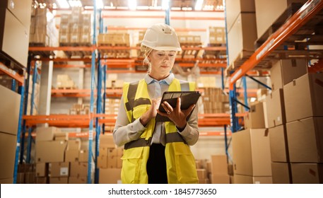 Professional Confident Worker Wearing Hard Hat Checks Stock And Inventory With Digital Tablet Computer In The Retail Warehouse Full Of Shelves With Goods. Working In Logistics, Distribution Center