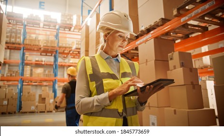 Professional Confident Worker Wearing Hard Hat Checks Stock And Inventory With Digital Tablet Computer In The Retail Warehouse Full Of Shelves With Goods. Working In Logistics, Distribution Center