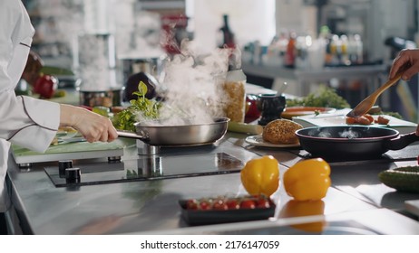 Professional cook preparing gastronomy dish in frying pan, using ingredients and kitchen utensils. Authentic female chef cooking gourmet meal with culinary food recipe on stove. Handheld shot. - Shutterstock ID 2176147059