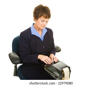 Professional court reporter working on her stenography machine.  Isolated on white.