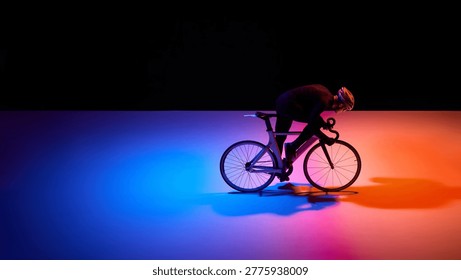 Professional cyclist accelerating in neon gradient racing setup. Concept of elite performance, speed culture, sport innovation and high-impact visual content for global sport brands.