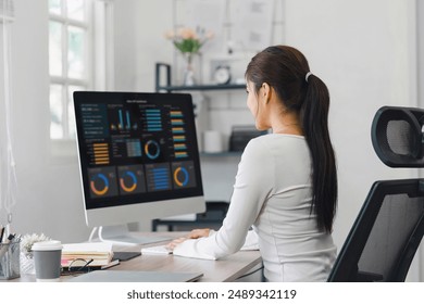 Professional data analyst using data visualizations dashboard on computer monitor for data business analysis and Data Management System