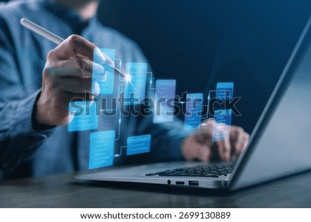 Professional designing database schema and data structure on digital interface, showing data connection, system architecture, and information management for innovative business technology solutions.
