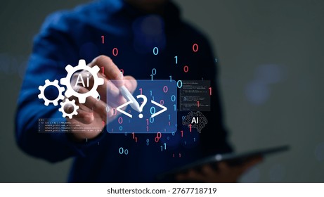 Professional developer interacts artificial intelligence symbols binary code gears tablet screen programming software development innovation technology digital automation future machine learning - Powered by Shutterstock - Get 15% off with code: PIKWIZARD15