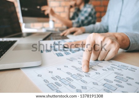 Professional Developer programmer cooperation meeting and brainstorming and programming in website working a software outsourcing and coding technology, writing codes and database.