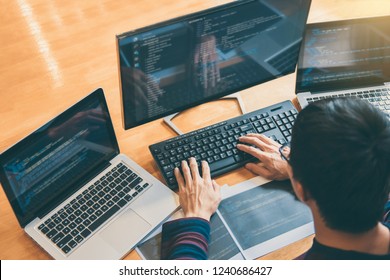 Professional Development programmer working in programming website a software and coding technology, writing codes and data code, Programming with HTML, PHP and javascript. - Shutterstock ID 1240686427