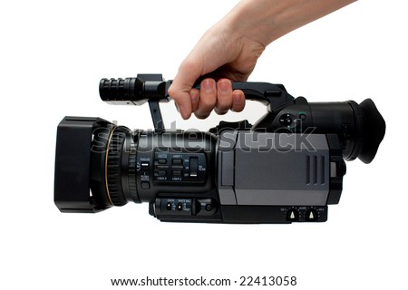 Professional digital video camera, isolated on white background