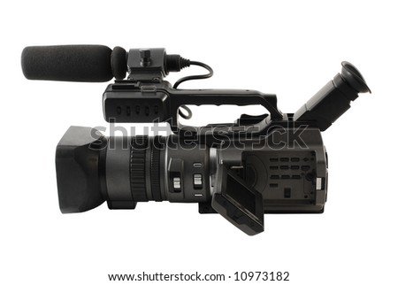 Professional digital video camera on white background