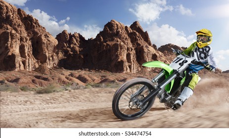 Professional Dirt Bike Rider Racing On The Desert