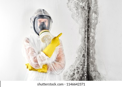 A professional disinfector in overalls and a mask points a finger at the black mold on the wall. Removal of the fungus in the apartment and house. Aspergillus.