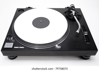 Professional DJ Direct-drive Turntable Record Player Overhead Shot On White Background.Sound Recording Studio Equipment.Disc Jockey Turntables With Rare White Vinyl Record Disc On White Backdrop