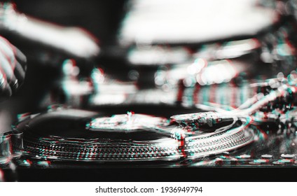 Professional Dj Turntables On Concert Stage.Disc Jockey Turn Table Player With Vinyl Records On Hip Hop Party In Night Club.Download Royalty Free Images Collection With Djs Music For Design Template