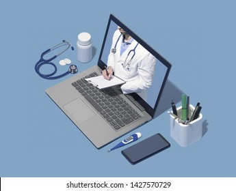 Professional Doctor In A Laptop Giving A Medical Consultation Online, Telemedicine And Healthcare Concept