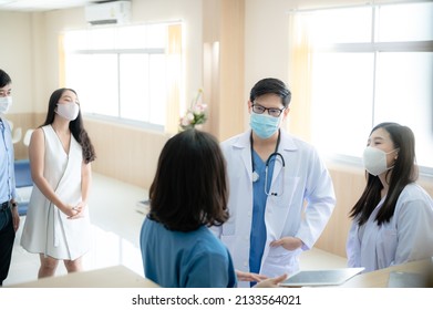 Professional Doctor And Medicine Person Team Have A Conversation To Talking In Hospital About Medical Health Care Work, Wearing Surgical Face Mask