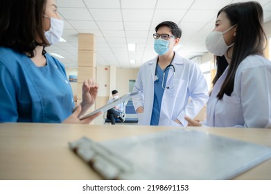 Professional Doctor And Medicine Person Team Have A Conversation To Talking In Hospital About Medical Health Care Work, Wearing Surgical Face Mask