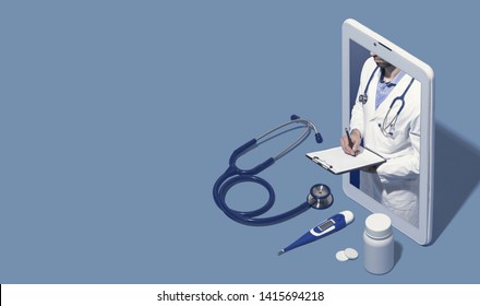 Professional Doctor In A Smartphone Giving A Consultation Online, He Is Writing Medical Records And Giving A Prescription, Telemedicine And Healthcare Concept, Blank Copy Space