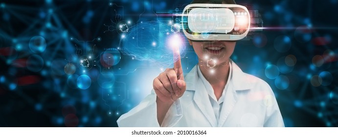 Professional Doctor Wearing VR Glasses,touch Futuristic Virtual Screen Interface Holographic Digital Brain On Laptop,concept Digital Healthcare Connection And Medical Innovative Technology And Science