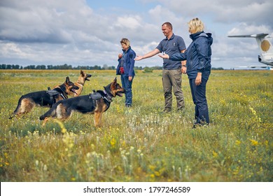 Professional dog trainers teaching German Shepherd dogs in airfield with cloudy sky on background - Powered by Shutterstock
