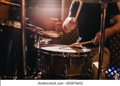 Professional drum set closeup. Drummer with drums, live music concert